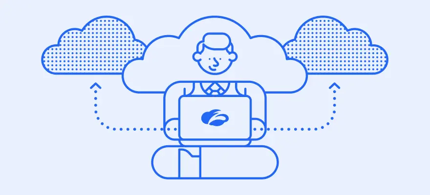 Illustration eines an einem Laptop arbeitenden Mannes, der sich mit der Cloud verbindet