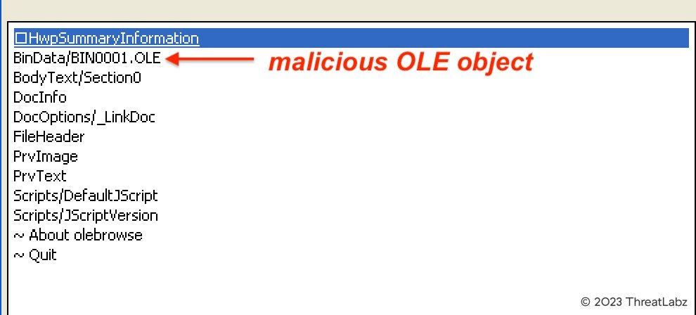 Figure 17: malicious OLE object stream present inside the HWP file