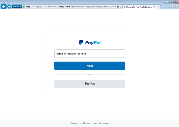 Paypal Phish is given away by the URL address bar going to a shnpoc[.]net address