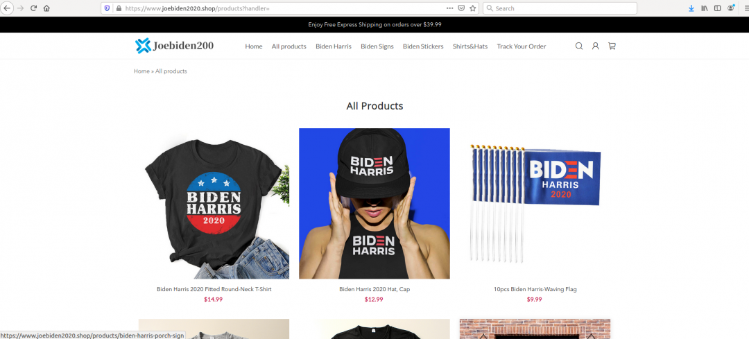Biden Merchandise Products page