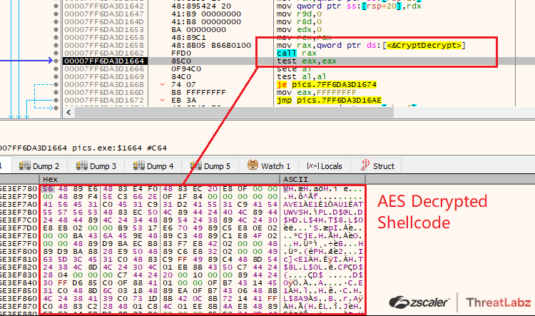 Fig 18. AES Decrypts the Shellcode via CryptDecrypt